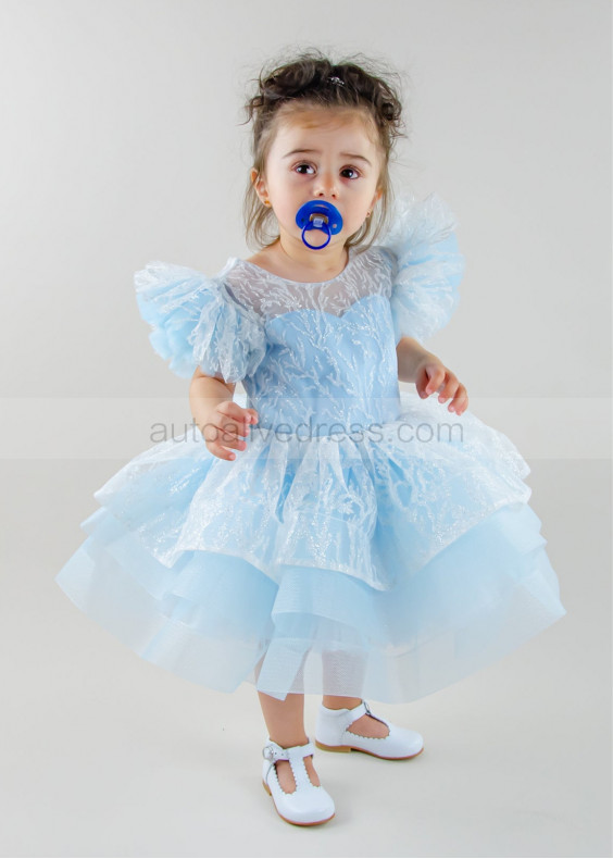 Sky Blue Ruffle Tulle Sleeves Sparkly Flower Girl Dress